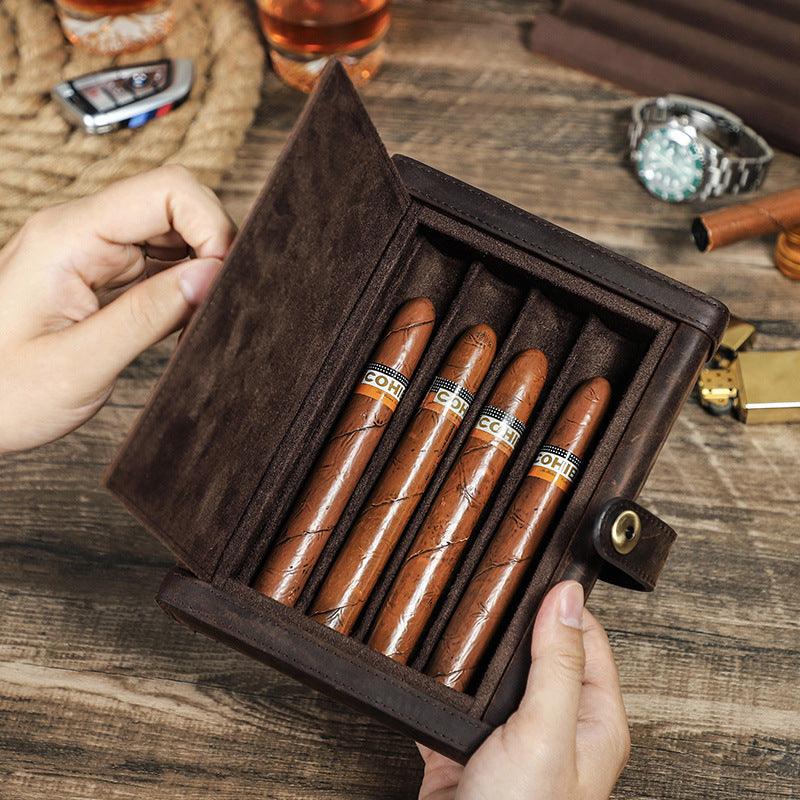 Vintage Crazy Horse Leather Cigar Case 4pcs - SOMM DIGI