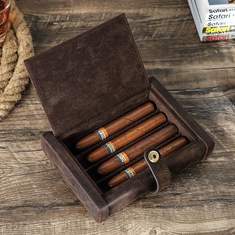 Vintage Crazy Horse Leather Cigar Case 4pcs - SOMM DIGI