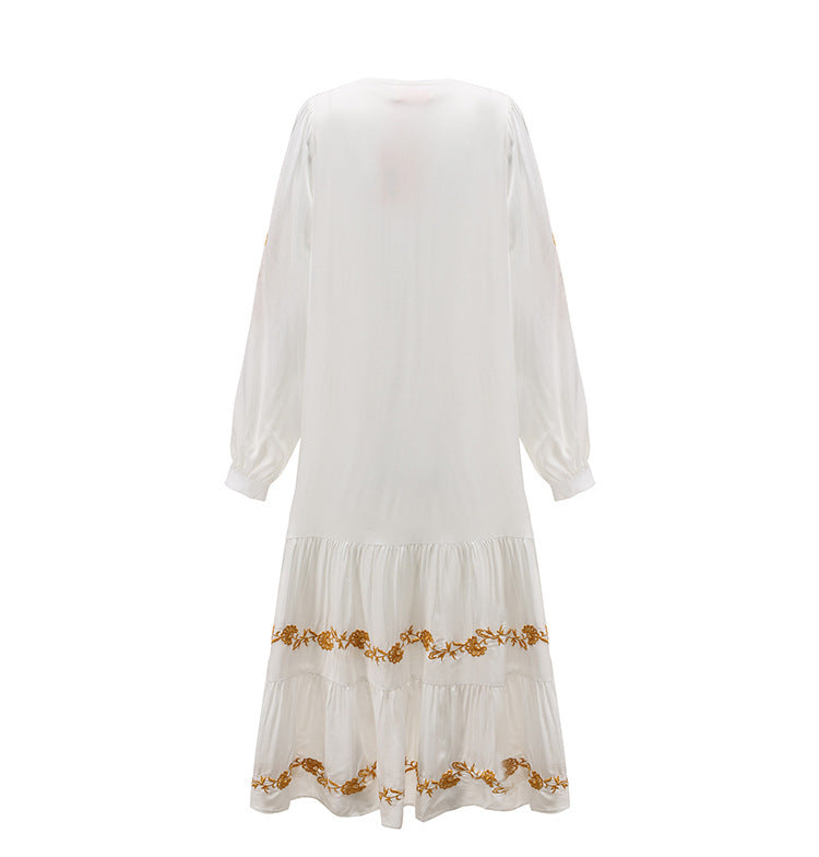 V-neck Embroidered Loose Dress Embroidered Long Skirt