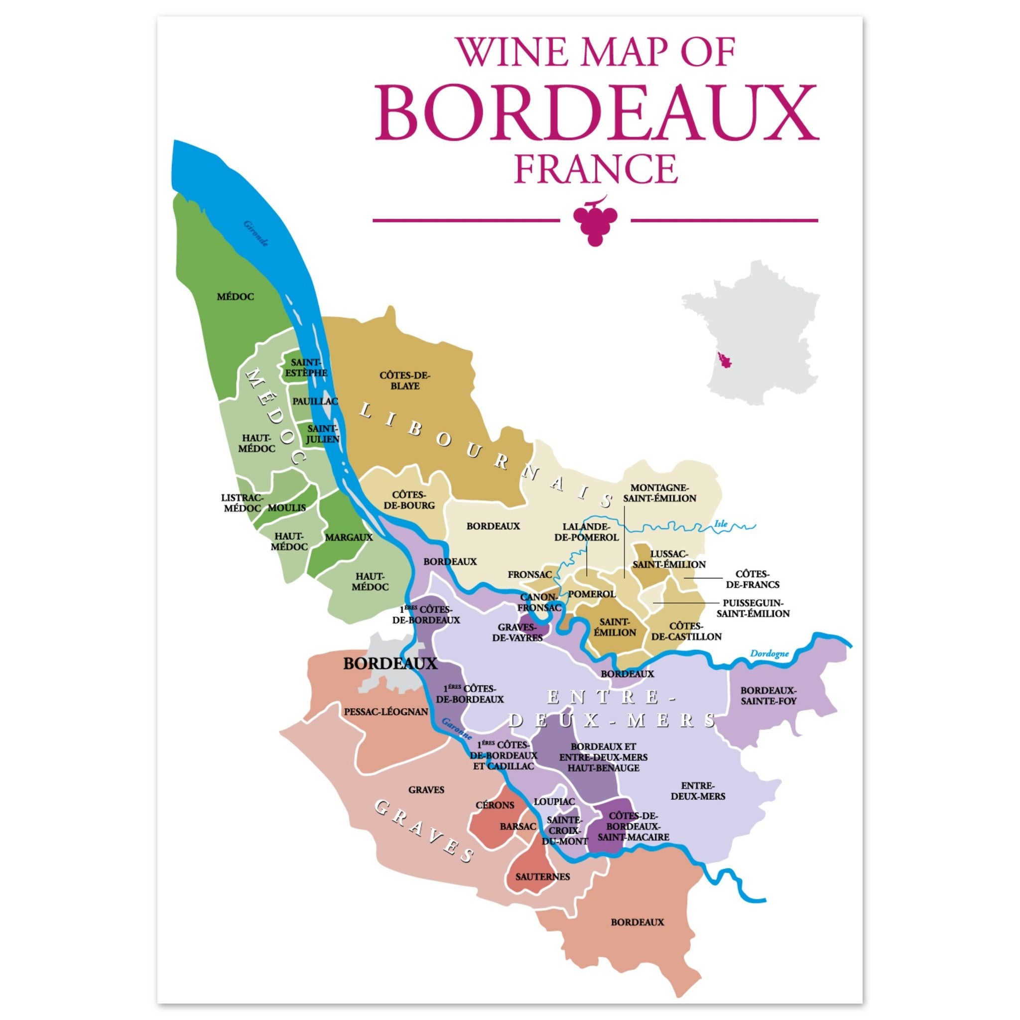Explore Bordeaux: The Sommelier's Detailed Wine Map Poster