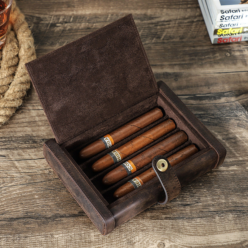Vintage Crazy Horse Leather Cigar Case 4pcs