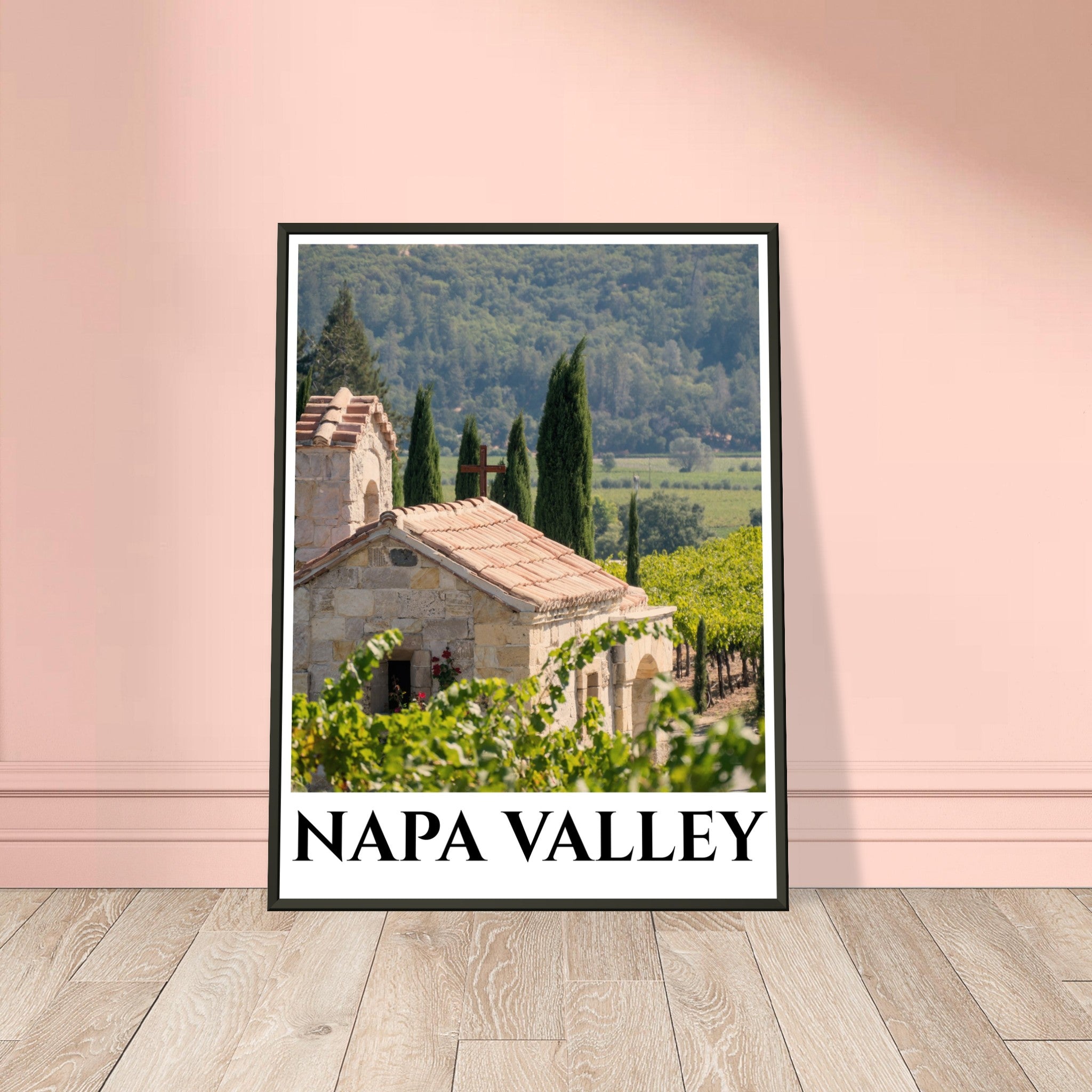 Napa Valley Elegance: Stone Chapel Amidst the Vines Poster