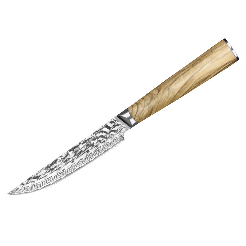 Modern Damascus Steak Knife with Olive Wood Handle