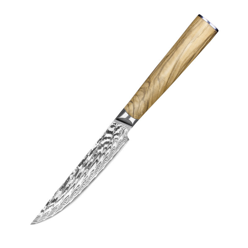 Modern Damascus Steak Knife with Olive Wood Handle